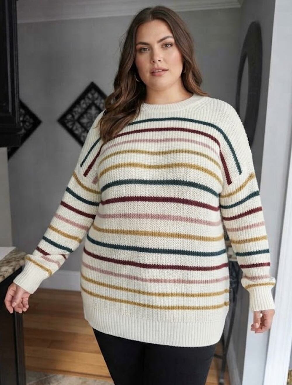 SO Juniors Plus Sz 3X Striped Crewneck Sweater White Green Mustard Burgundy NEW
